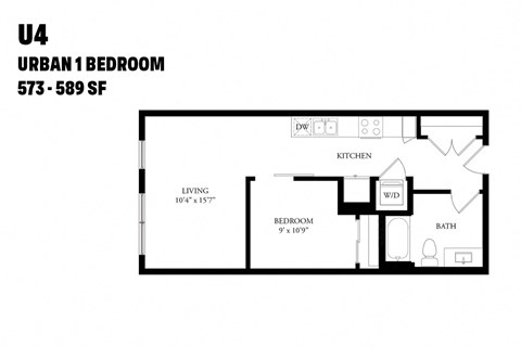 Floor plan for 1 bed, 1 bath, 579 sqft